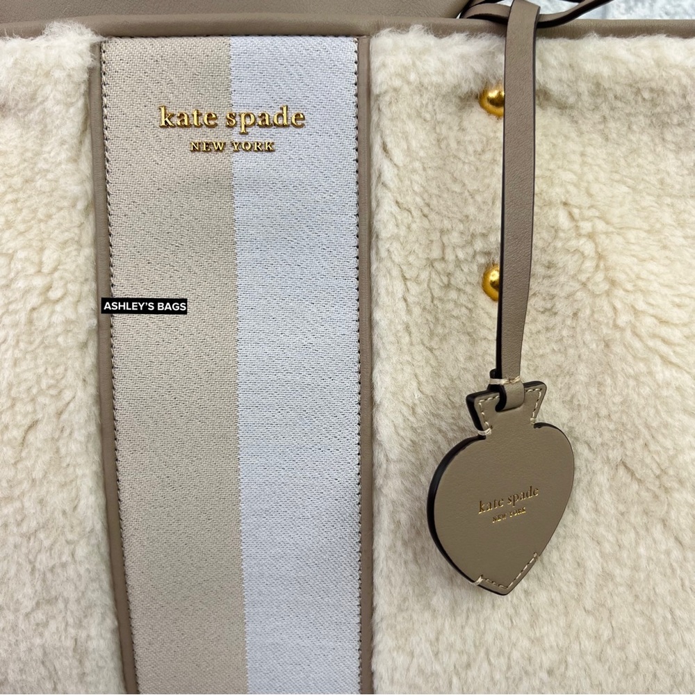 Kate Spade Everything Racing Stripe Faux Shearling Large Tote In Cream Multi - Picture 2 of 16